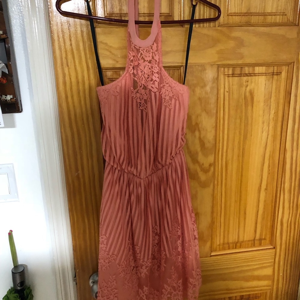 Bebe pink/blush halter lace cocktail dress